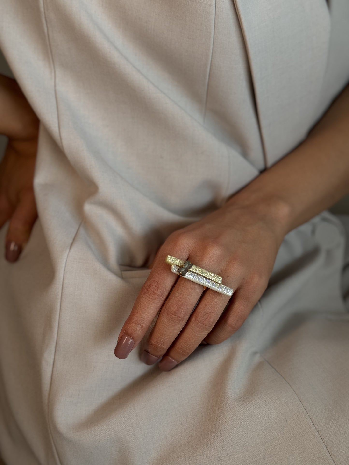 Lumi Drop Danglers + Gilded Bar Ring